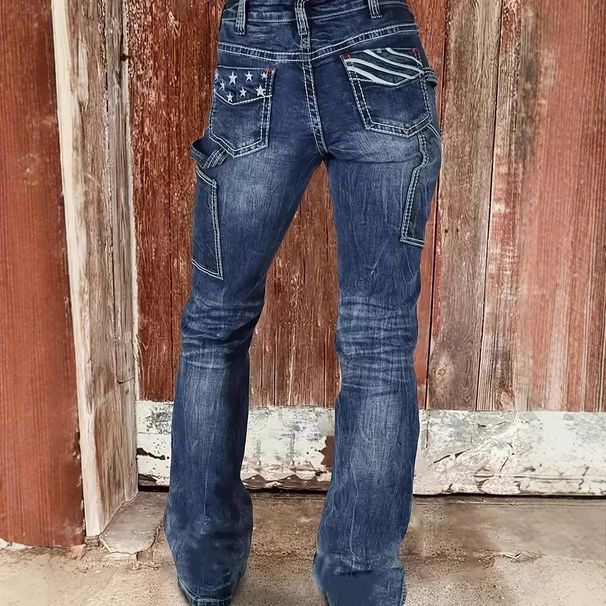 Stretch Embroidered Flared Jeans Mid Rise Denim Trousers With PocketsVCasual Cotton Jeans For Women_ecoleips.com