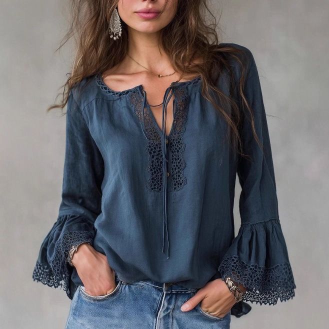 Navy Blue Lace-Collar Cotton-Linen Shirt – Vintage-Inspired, V-Neck, Bell Sleeves & Drawstring Detail_ecoleips.com