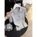 Women's Preppy Short Sleeve T-Shirt Navy Blue Knit Korean-Inspired Collared Top with Contrast Trim Breathable Stylish Summer_ecoleips.com