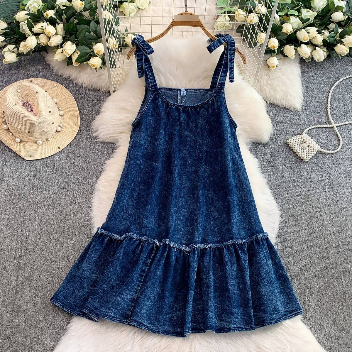 Women's Vintage Denim Lace-Up Camisole Dress Loose Slimming Ruffled Edge Midi Skirt Sweet Versatile Autumn Outfit_ecoleips.com