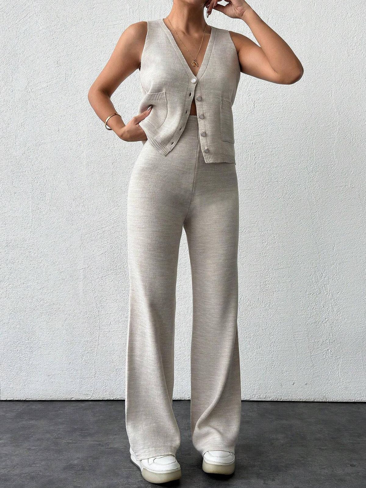 Women's V-Neck Button Pocket Knit Vest & High Waist Wide Leg Pants 2 Piece Outfit_ecoleips.com