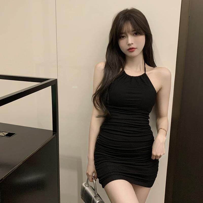 Elegant Bodycon Halter Neck Mini Dress With Backless Design - Stretchy Ribbed Fabric For A Flattering Fit, Summer Casual And Party Wear_ecoleips.com