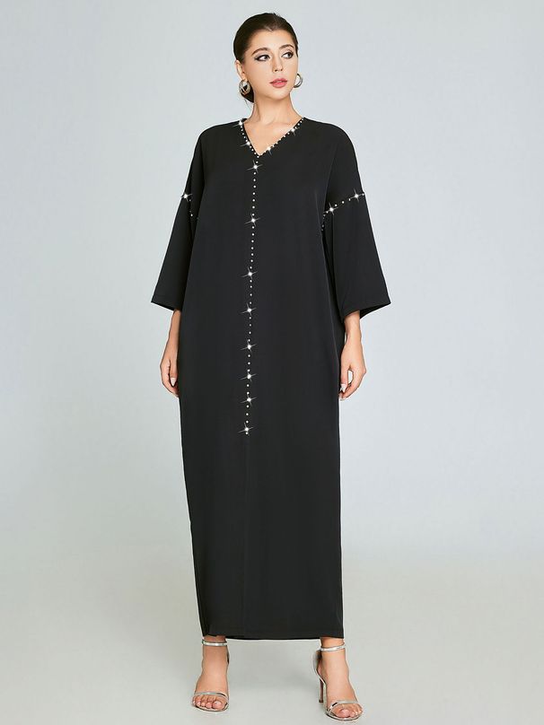 Clothing Hand-sewn Rhinestone Plus Size Dubai Muslim Women's Long Robe Dress_ecoleips.com