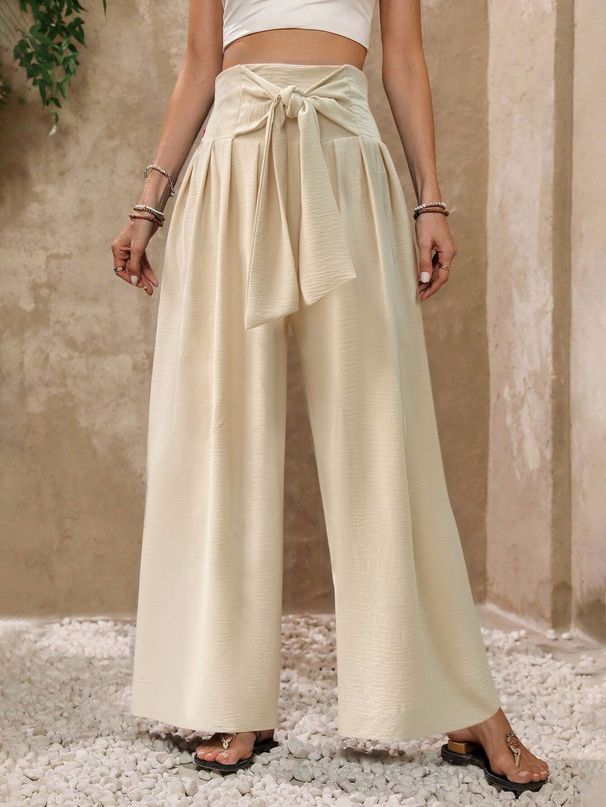 Voya Women's Fashion Summer New Solid Color Wide-leg Pants With High-waist Tie Design, Niche Casual Drapey Straight-leg Straight-leg Pants_ecoleips.com