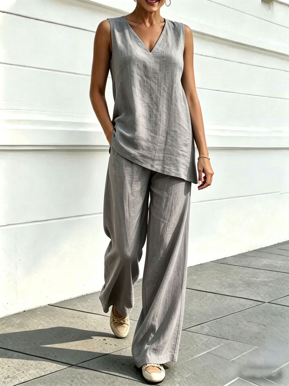 Women's Linen Style Breathable Vest Set plus Size Casual Loose Two Piece Set Wide Leg Pants 2026 New Arrival_ecoleips.com