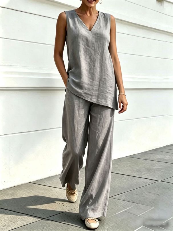 Women's Linen Style Breathable Vest Set plus Size Casual Loose Two Piece Set Wide Leg Pants 2026 New Arrival_ecoleips.com