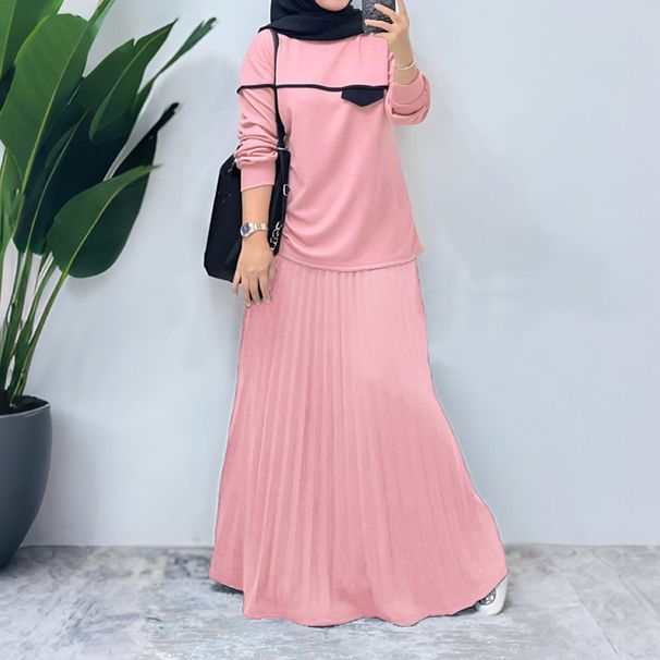 ZANZEA Muslim Womens Modest Skirt Suits Hijabs Long Sleeve Color-Block Blouse & Pleated Maxi Skirt 2 Pieces Sets Ramadan Outfits_ecoleips.com