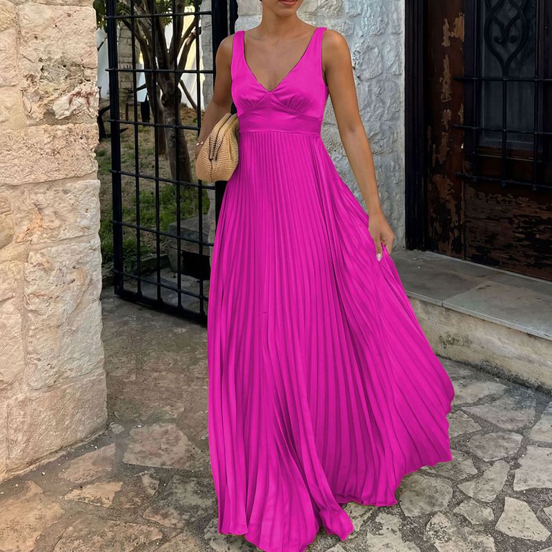 Women Casual Sleeveless Solid Wedding Dress Fashion Hight Waist Swing Long Dresses Elegant V Neck Pleated Satin Bridesmaid Dress_ecoleips.com
