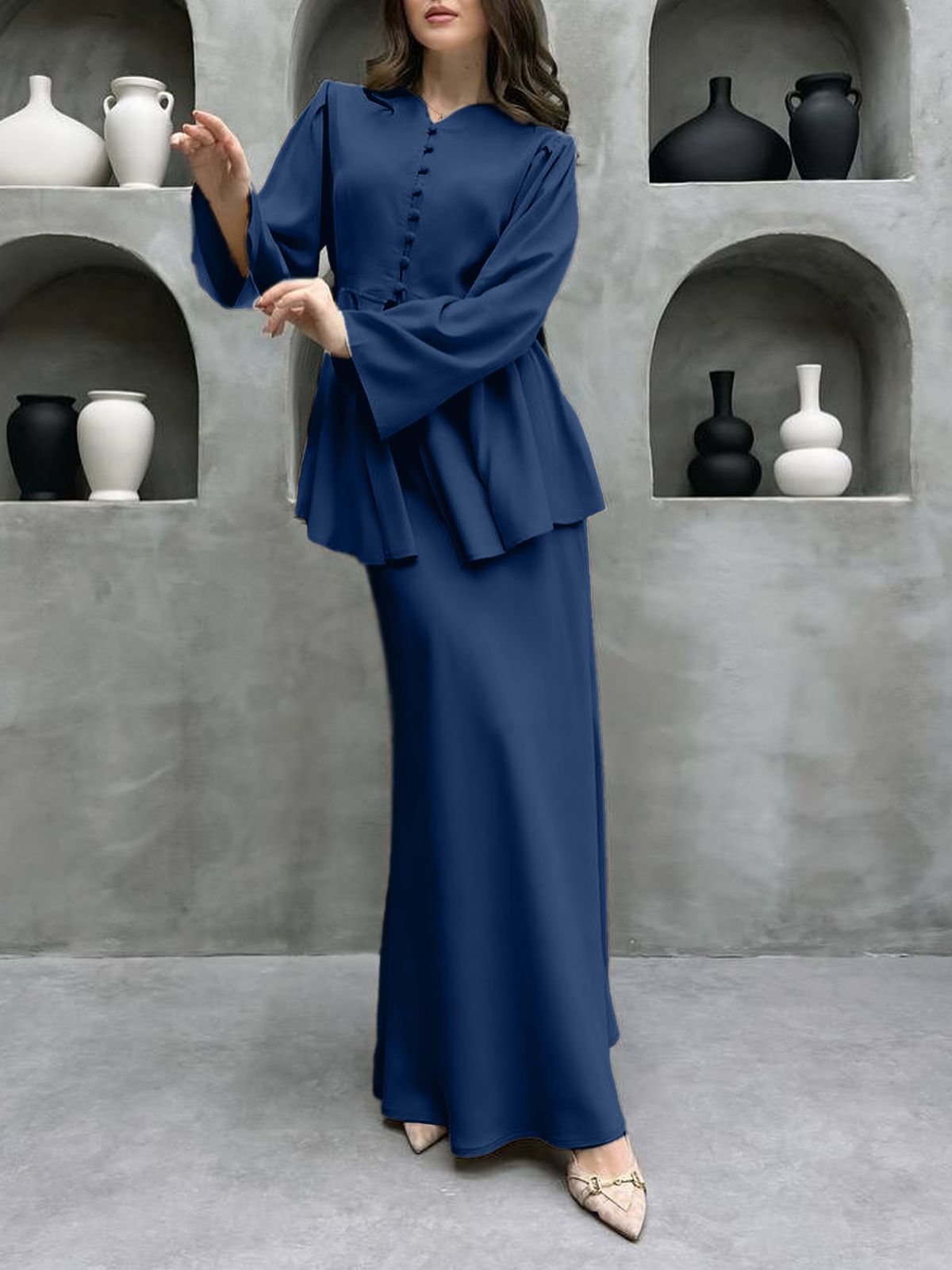 Elegant Muslim Two-Piece Set: Modest Long-Sleeve Shirt + Maxi Skirt – Breathable Polyester, Versatile & Stylish For Women_ecoleips.com