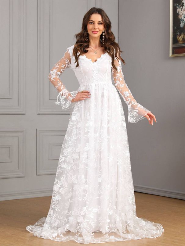 Women's Clothing Large Size V Neck Long Sleeve Sexy Backless White Big Swing Wedding Wedding Dress_ecoleips.com