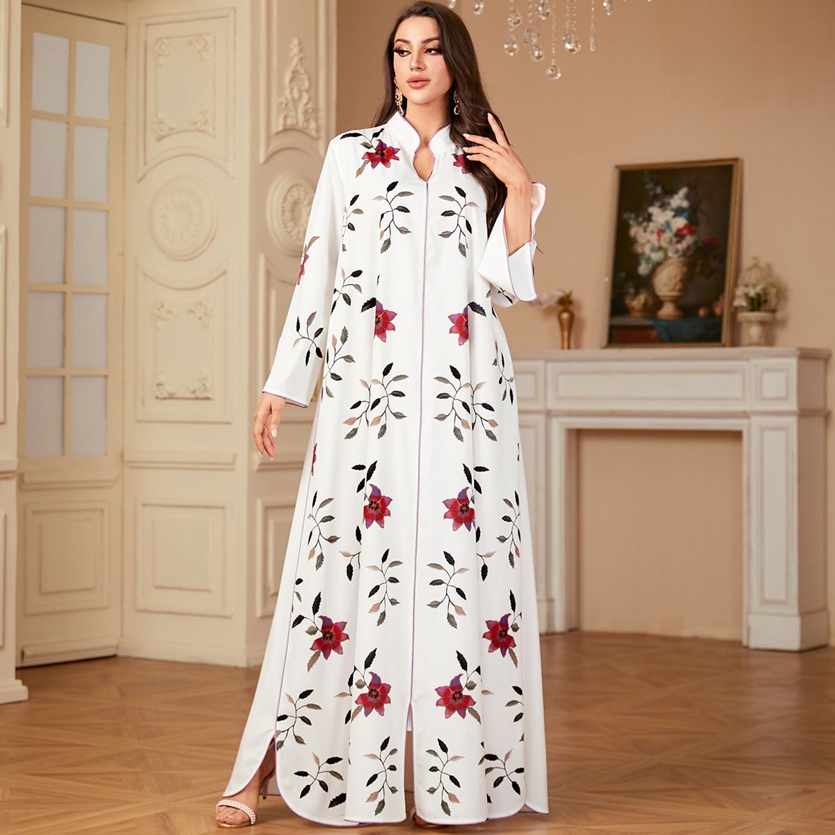 Muslim Dress Women Elegant Arabian White Printed Robe - Modest Long Sleeve Dress For Women, Flowy Maxi Dress With Cultural Embroidery_ecoleips.com