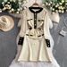Elegant French-Inspired Fringe Round Neck Long Sleeve Dress With Metallic Buttons & Waist Accent – Flattering A-Line Midi Dress For Women_ecoleips.com