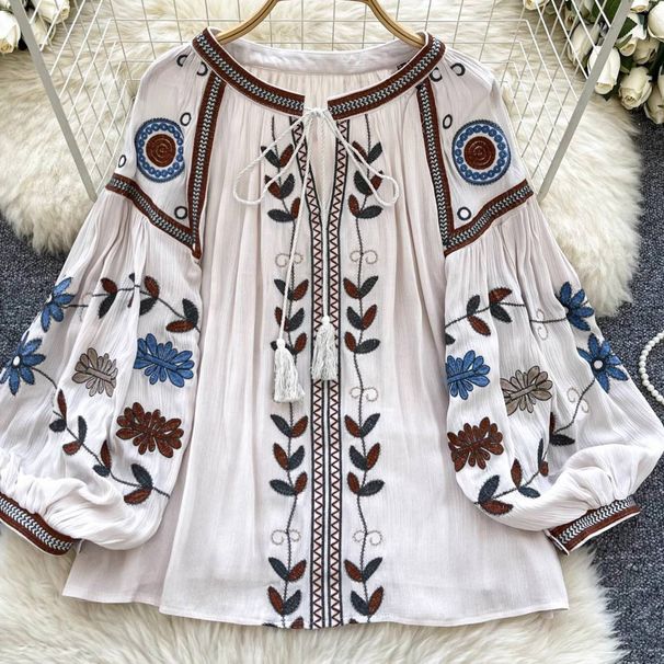 Women's Embroidered Round Neck Tie Sleeve Top Heavy Duty Loose Slimming Casual Elegant Autumn Style Blouse_ecoleips.com