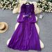 Women's French Retro Style 3D Floral Lantern Sleeve Dress Slimming Elegant Long Pleated Waist Cinching New 2025_ecoleips.com