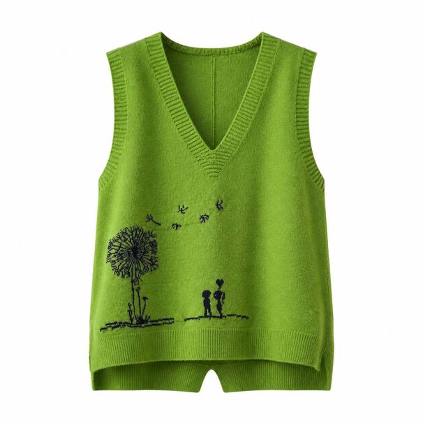 Solid Color Knit Sleeveless Vest, Women's V-Neck With Cartoon Pattern Knitwear_ecoleips.com