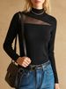 Women Lightweight Breathable Ribbed Knit Sweater, Mock Neck Mesh Cutout Beaded Long Sleeve Slim Fit Elegant Daily Knitted Top_ecoleips.com