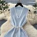 Women's European And American High-End Sleeveless Knitted Striped Dress Summer Diagonal Collar Belt Light Mature Lady Temperament Long Skirt_ecoleips.com