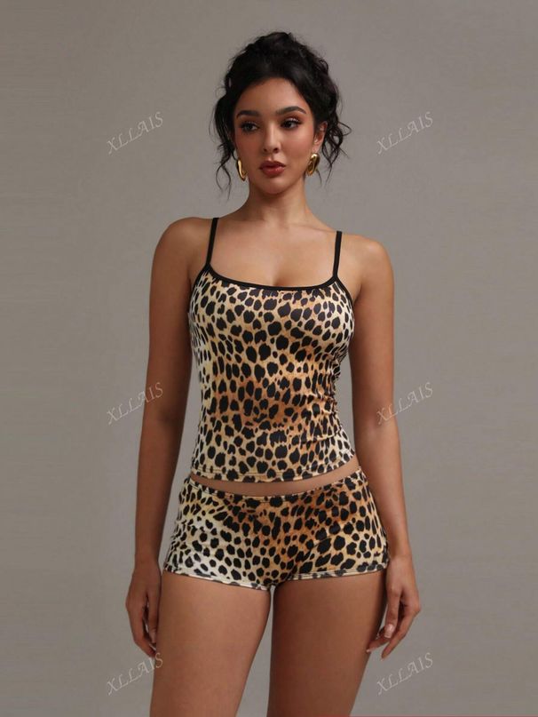Sexy Low-Rise Animal Print Cami & Shorts Two-Piece Set, Women Loungewear Suitable For Home & Street Wear_ecoleips.com