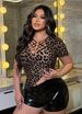 Curvy Women Leopard Print Short Sleeve Top, Crisscross Cutout Sexy Stretchy Fitted T-Shirt New Spring Summer For Party Club Night Out_ecoleips.com