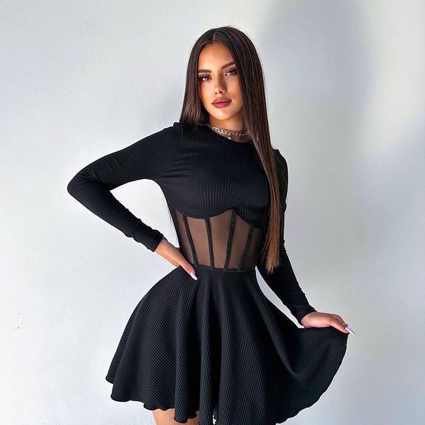 Women's High Neck Long Sleeve Short Dress Fashion Mesh Patchwork See Through Fishbone Waist Cinching_ecoleips.com