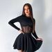 Women's High Neck Long Sleeve Short Dress Fashion Mesh Patchwork See Through Fishbone Waist Cinching_ecoleips.com