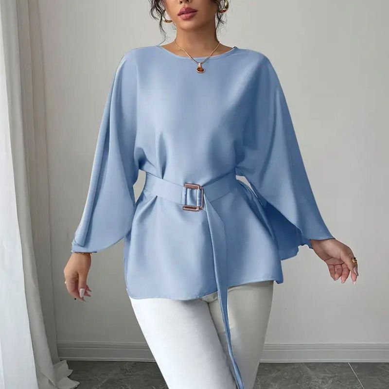 Women's Elegant Bell Sleeve Blouse Solid Color Office Wear Top with Waist Tie for Evening Fashion Fall_ecoleips.com