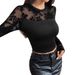 Women's Slim Fit Long Sleeve T-Shirt Round Neck Solid Color Lace Patchwork Top_ecoleips.com
