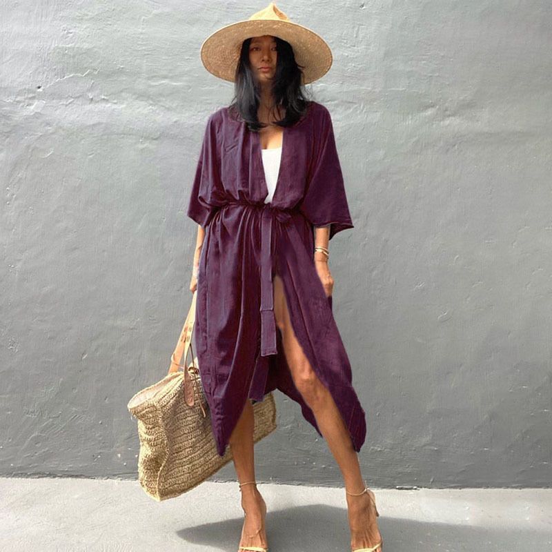 Women's Cotton Sunscreen Cardigan Bikini Cover up Outerwear Swimsuit Clothing for Seaside Holiday_ecoleips.com