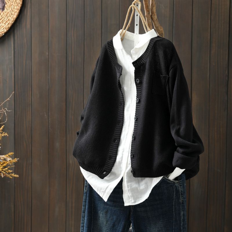 Vintage-Inspired Cotton Cardigan For Women – Relaxed Fit Long Sleeve Knit Sweater With Wave Collar, Spring & Autumn Layering Essential_ecoleips.com