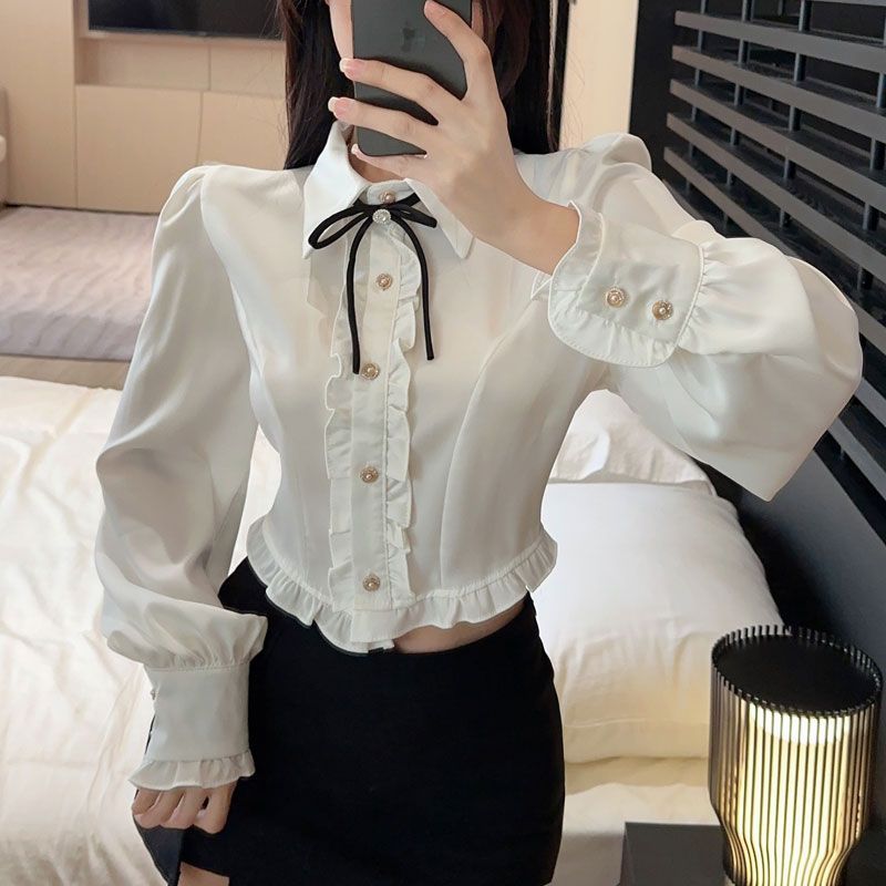 French-style White Bow Ruched Skirt Set, Summer Ladylike Ruffle Waist-cinching Blouse_ecoleips.com