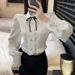 French-style White Bow Ruched Skirt Set, Summer Ladylike Ruffle Waist-cinching Blouse_ecoleips.com