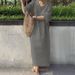 Women V Neck Button Short Sleeve Loose Maxi Dress Summer Female Holiday Beachwear Sand Straight Cotton Linen Party Dress_ecoleips.com