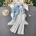 Retro V-Neck Printed Loose Mid-Length Top & High-Waist Slim Straight Wide Leg Pants - 2 Piece Set_ecoleips.com