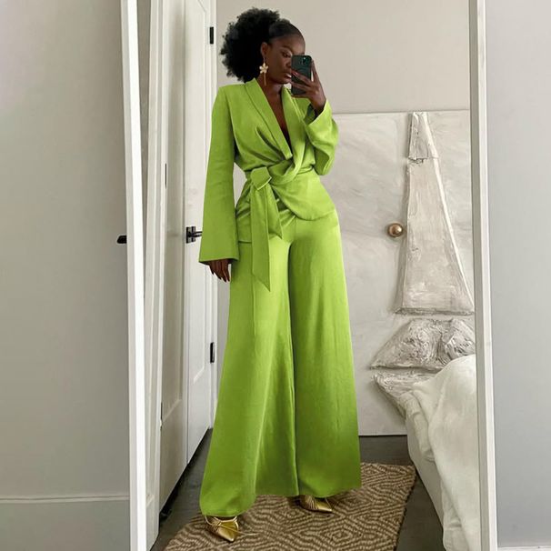 Women's Clothing Collar Tie Top Cardigan Elegant Solid Color Suit Set With Belted Blazer & Wide-Leg Pants | Women's Autumn Winter Office Casual Outfit_ecoleips.com