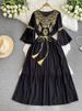 Women's Clothing Travel Flared Sleeve V Neck Dress Style Embroidered Slimming Bohemian Three Quarter Length Spring Autumn_ecoleips.com
