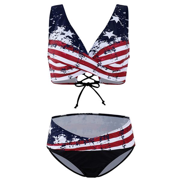 Women's High-Waisted Two-Piece Bikini Swimwear European American Style Flag Design Tie Rope Detailing_ecoleips.com