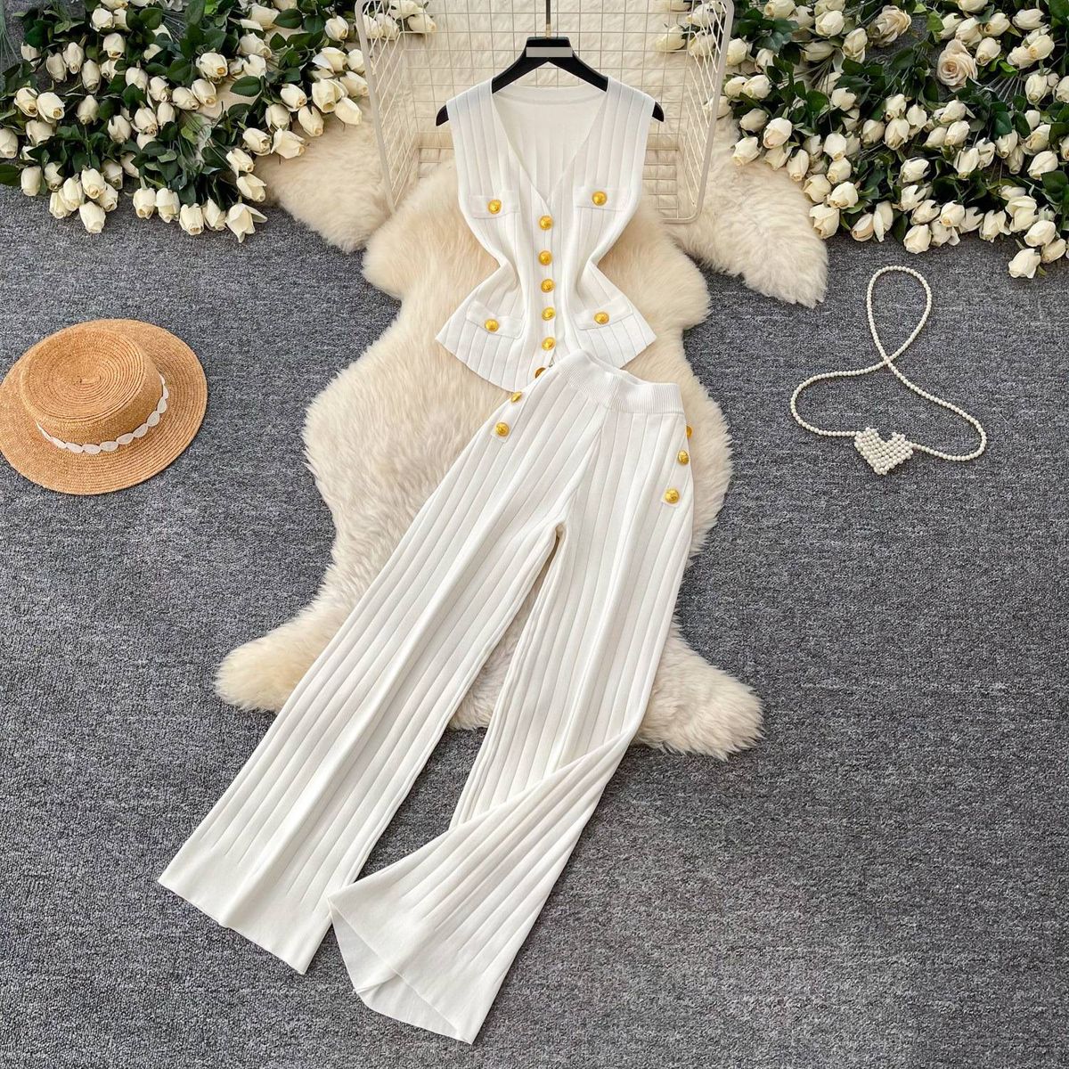 Chic V-Neck Knit Camisole High-Waist Wide-Leg Pant Two-Piece Set Elegant Wide Cuff Trousers Outfit for Women_ecoleips.com