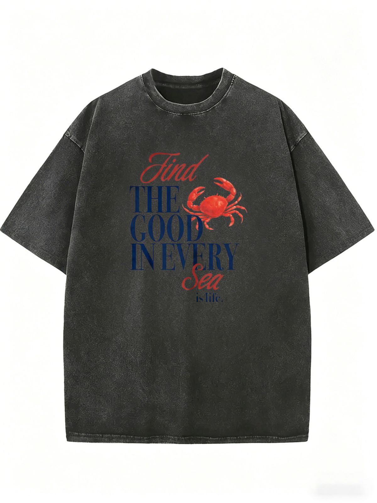Vintage Coastal Crab Graphic Washed Oversized T Shirt Women Retro Mixed Font Slogan Loose Casual Beach Top_ecoleips.com