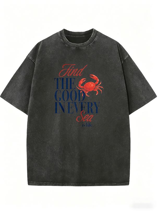Vintage Coastal Crab Graphic Washed Oversized T Shirt Women Retro Mixed Font Slogan Loose Casual Beach Top_ecoleips.com