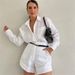 2027 Summer Fashion European-USA Style Women Lapel Single-Breasted Long Sleeve Shirts + High Waist Shorts Pure Color 2 Piece Casual Sets_ecoleips.com