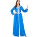 Muslim Dress Women Embroidered Long Robe Dress Two-Piece Set For Women, Traditional Middle Eastern Abaya With Belt, Blue Polyester Flowy Maxi Dress_ecoleips.com