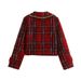 Women's Stylish Casual Classic Versatile Tweed Jacket - Red Checkered Pattern, Relaxed Fit, Long Sleeve, Polyester Blend Fabric_ecoleips.com