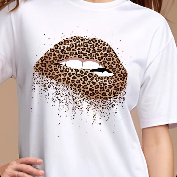 Leopard Print Women's Casual T-Shirt Short Sleeve Round Neck Trendy Base Layer Top Popular_ecoleips.com