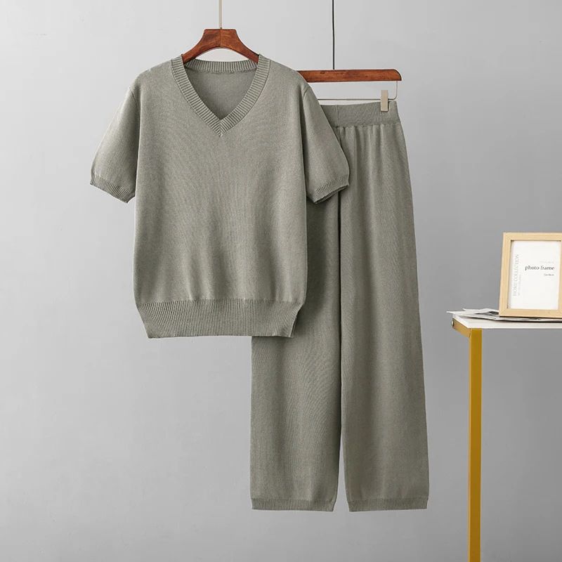 Summer Fashion Women's Knitwear Set Loose Fit High Waisted Straight Leg Casual Trousers Two Piece Outfit_ecoleips.com