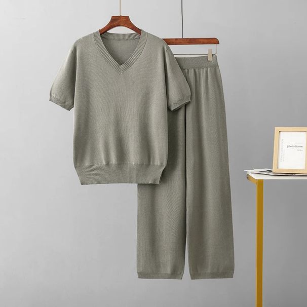 Summer Fashion Women's Knitwear Set Loose Fit High Waisted Straight Leg Casual Trousers Two Piece Outfit_ecoleips.com