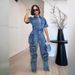 Women's Clothing Washed Overalls Multi Pocket Button Denim Jumpsuit Short Sleeved Trousers_ecoleips.com