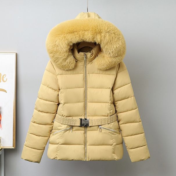 Women's Faux Fur Trim Hooded Short Puffer Jacket - Winter Warm Polyester Coat With Waist Snug Fit, Multiple Colors_ecoleips.com