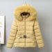 Women's Faux Fur Trim Hooded Short Puffer Jacket - Winter Warm Polyester Coat With Waist Snug Fit, Multiple Colors_ecoleips.com