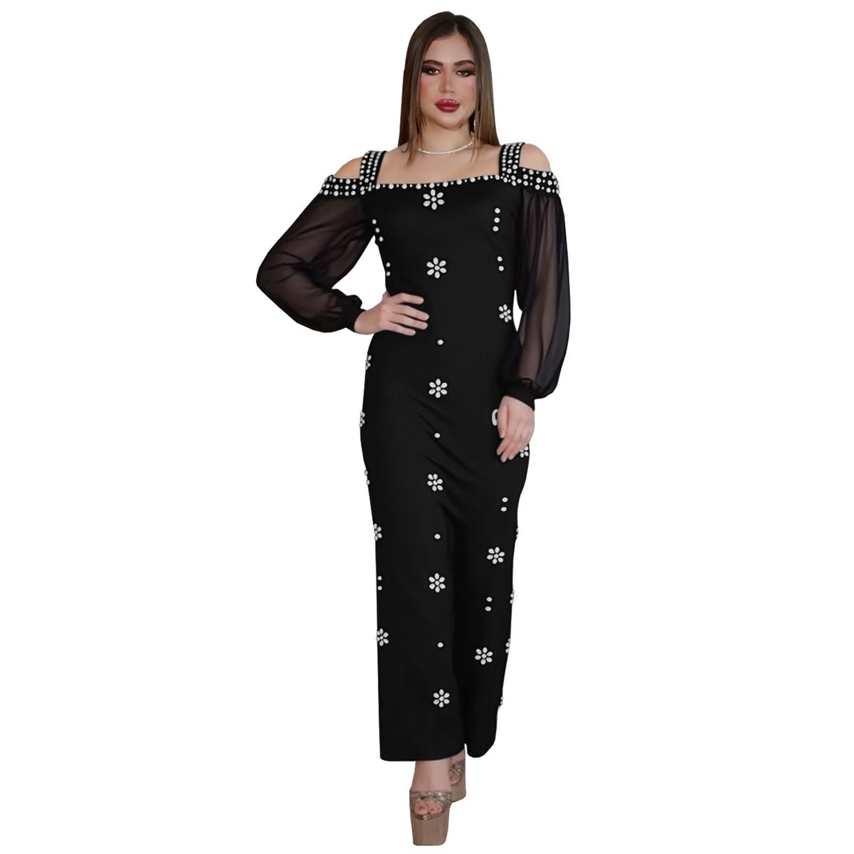 Women's Clothing Fashion Women's Elegant Hot Diamond Square Neck Mesh Slim Dress_ecoleips.com