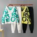 Women's Jacquard Knitted Three Piece Set Casual Loose Fit Cardigan And Pants Combo Lettered Design_ecoleips.com